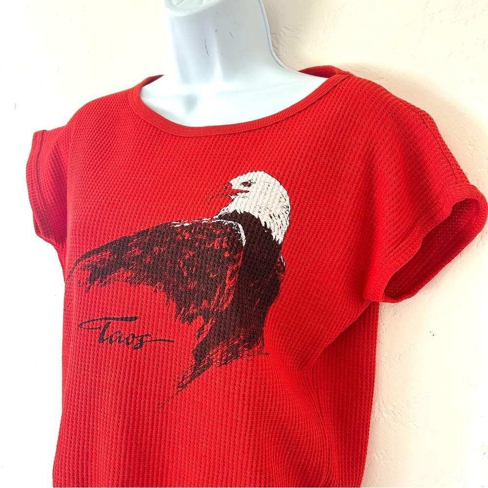 VINTAGE 80s Waffle Knit Cap Sleeve Red Eagle Graphic  T-Shirt Womens M USA RARE - Picture 4 of 8